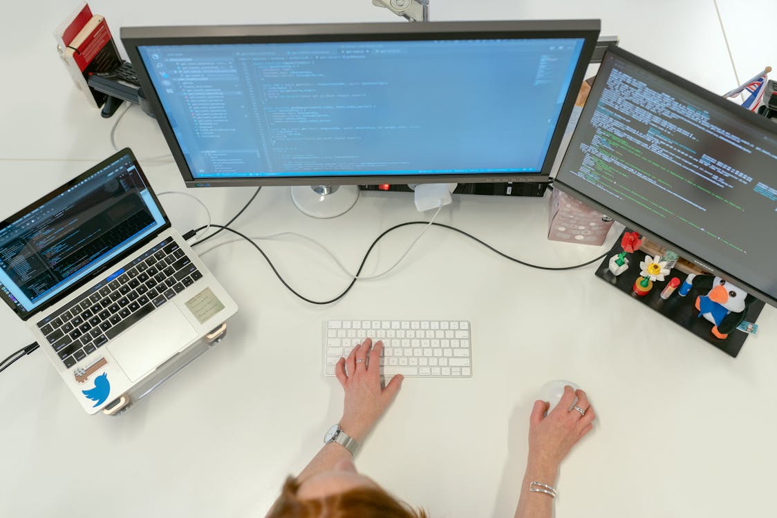 Modern IT workspace with computers and technology